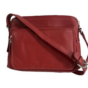 ili New York Purse Crossbody Organizer Red Leather RFID Lined Pockets Adjust